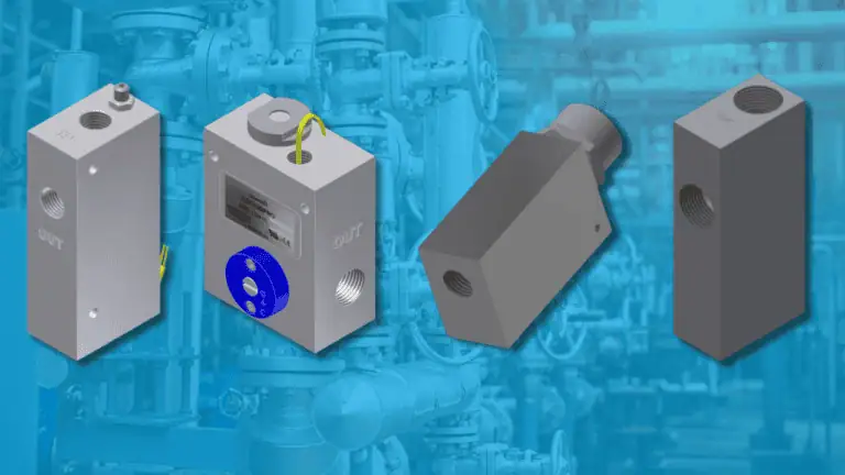 Illustrations of Chemtec Products from left to right: Adjustable High Pressure Safety Excess Flow Valve, Adjustable Excess Flow Valve, Adjustable Flow Monitor, Standard Unobtrusive Adjustable Flow Monitor