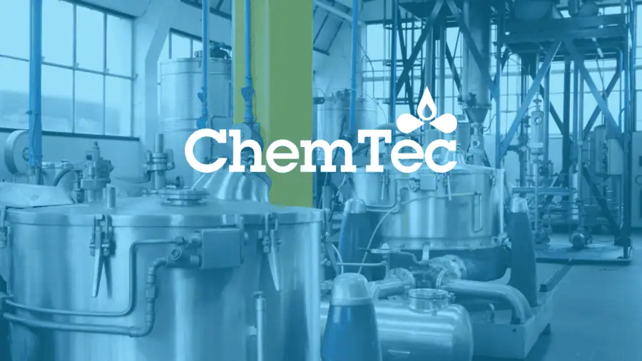 A photo of a chemical processing plant with the Chemtec logo overlayed