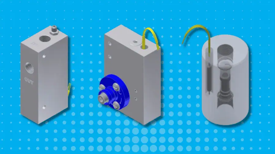 Three CAD images of ChemTec's flow sensors on a blue dotted background.