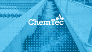 A photo of rushing water in a narrow canal with the ChemTec logo and a dotted pattern overlaying the image.