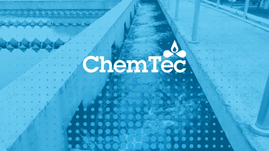 A photo of rushing water in a narrow canal with the ChemTec logo and a dotted pattern overlaying the image.