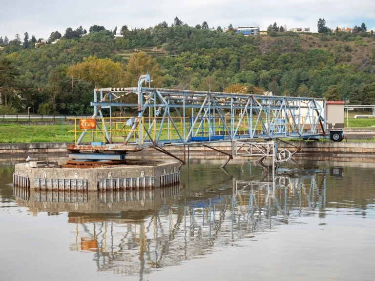 Origin town wastewater and sewage treatment plant with circle aeration tanks. Sedimentation Tank. Wastewater treatment plant